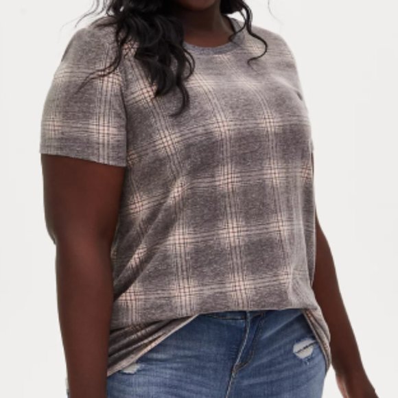 Torrid Classic Fit Tee - Plaid Gray & Peach Size 2 - Picture 1 of 5
